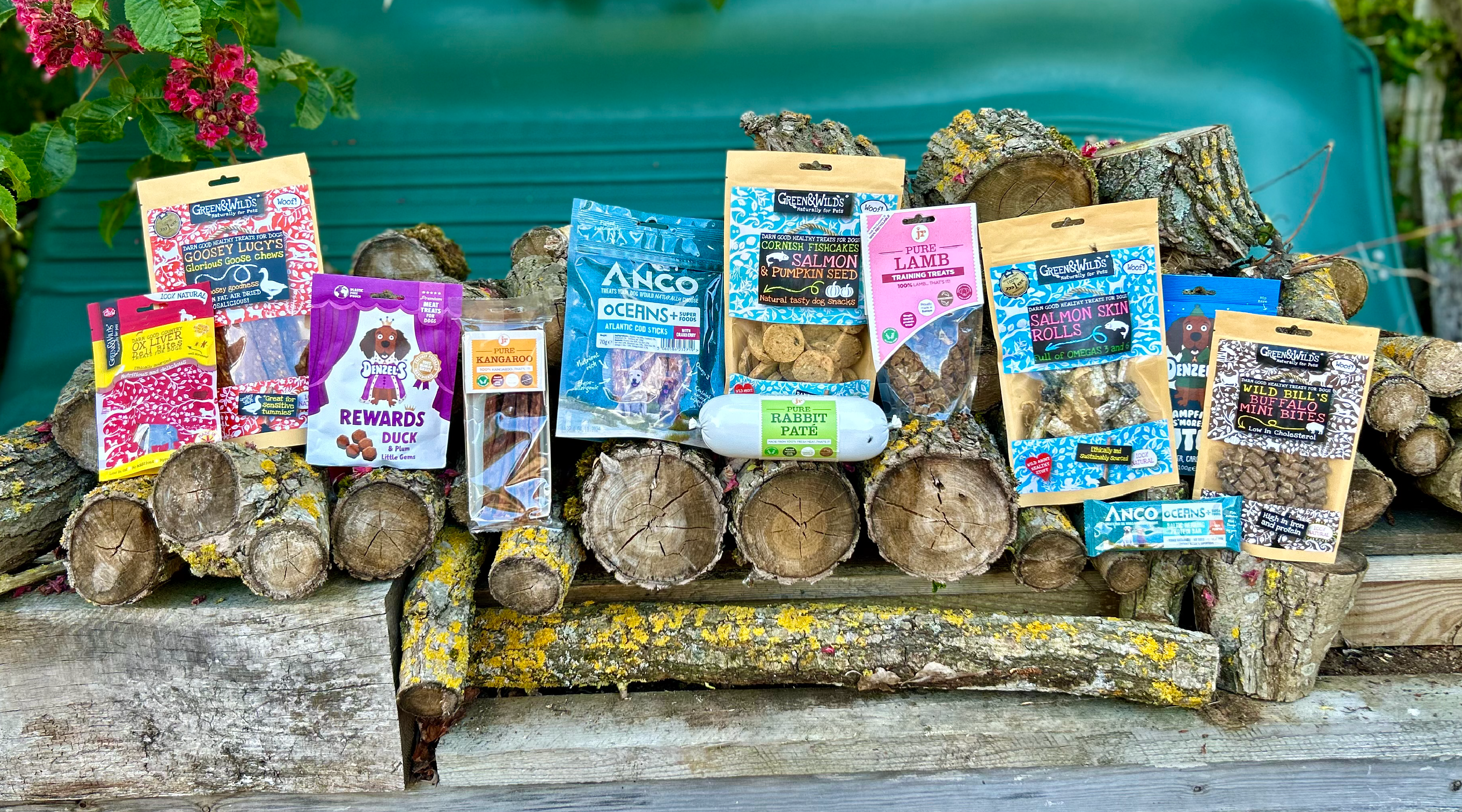 Collection of healthy natural dog treats and chews